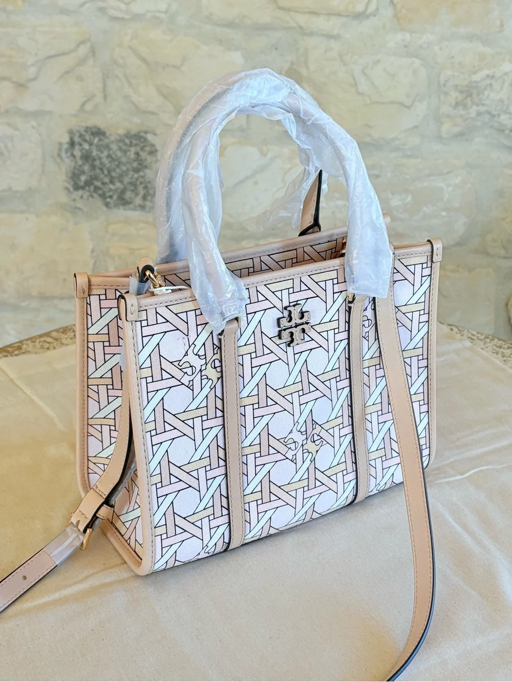 Tory Burch Pastel Pink Patterned Satchel with Logo Accent